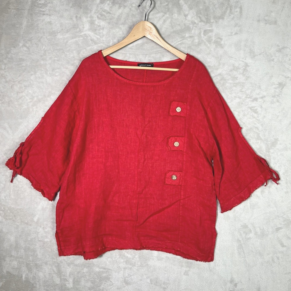 Cecile Wang France Red Linen Tunic Top Oversized Lagenlook Raw Hem Boho Artsy